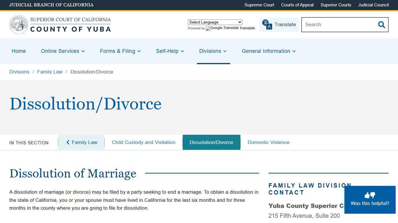 Dissolution/Divorce Superior Court of California County of Yuba