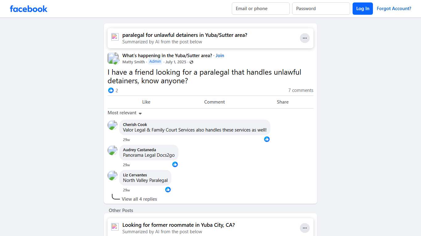 What's happening in the Yuba/Sutter area? I have a friend looking for a paralegal that handles unlawful detainers, know anyone Facebook