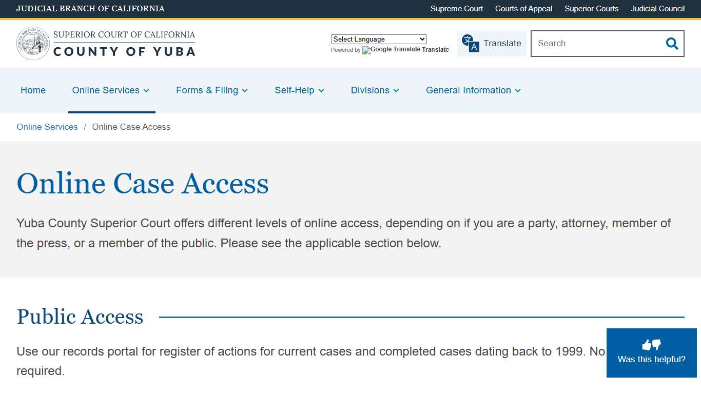 Online Case Access Superior Court of California County of Yuba